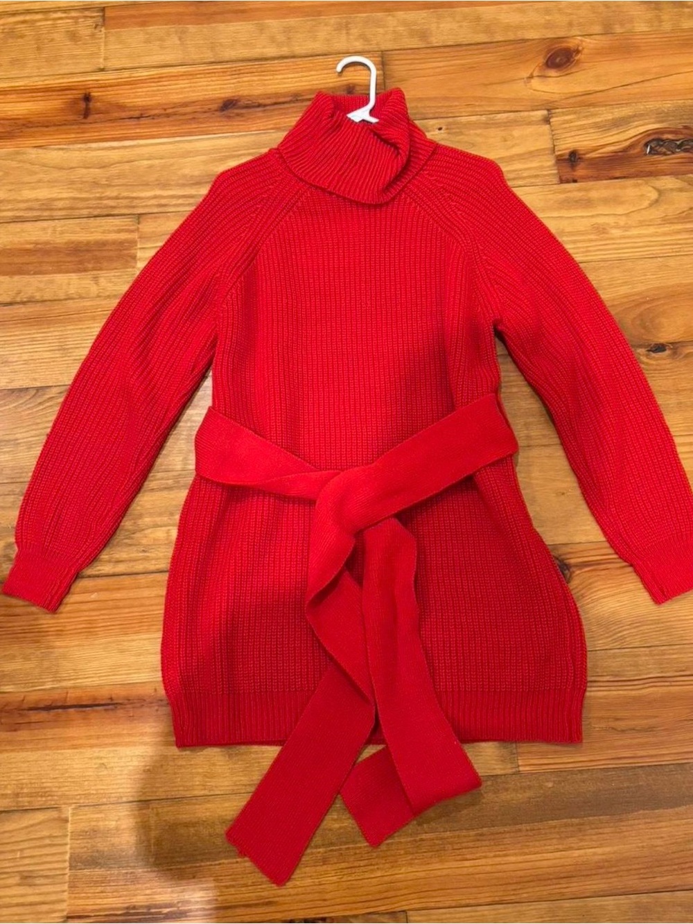 Red Turtleneck Belted Sweater Tunic - Women